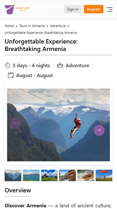 Mobile version of the travel website