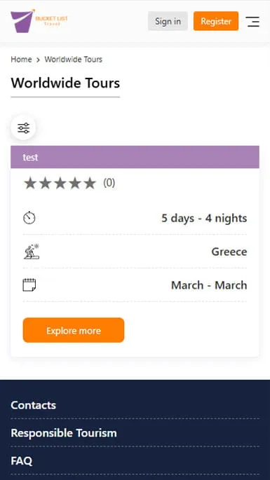 Mobile version of the travel site
